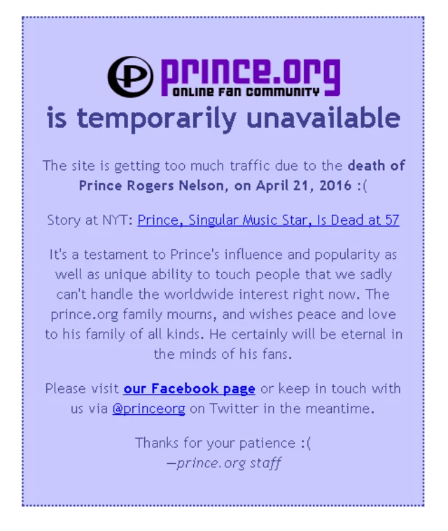 out of service message on prince.org page