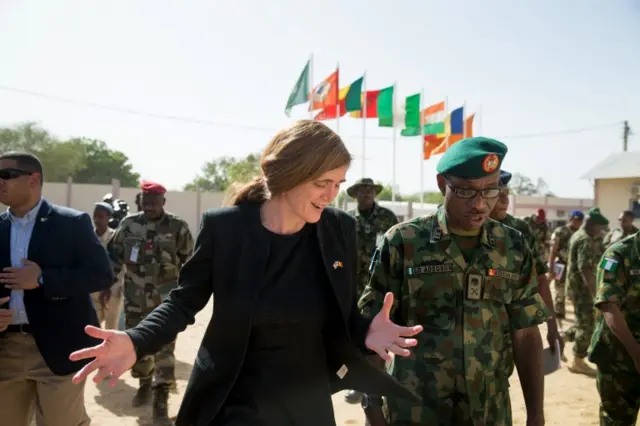 US ambassador to the UN Samantha Power speaks with Multinational Joint Task Force Commander Maj. Gen. Lamidi Adeosun, right, as she departs their headquarters in N"Djamena, Chad, Wednesday 20 April 2016