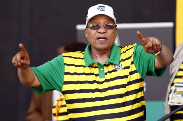 South African president and African National Congress's president Jacob Zuma sings and dances during the Party official launch of the Municipal Elections manifesto on April 16, 2016 in Port Elizabeth, South Africa