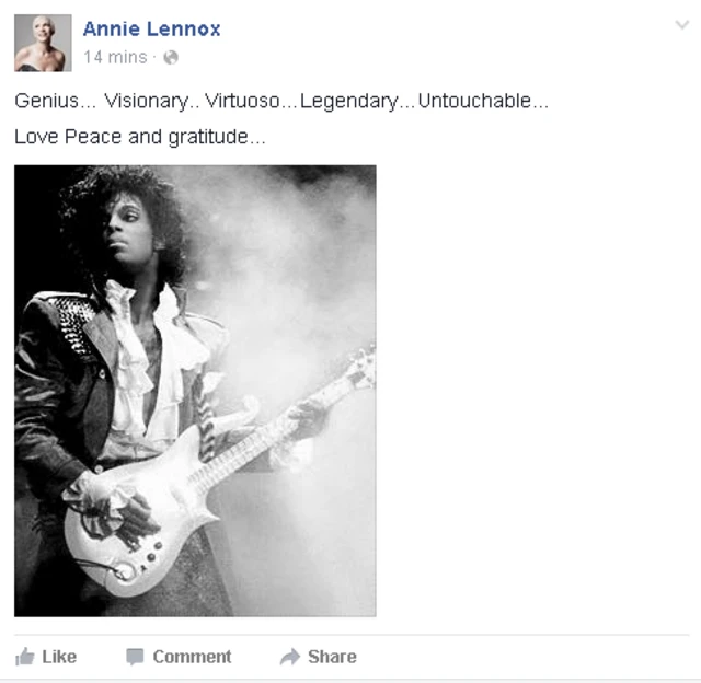 Annie Lennox's Facebook reads "Genius Visionary Viruoso Legendary Untouchable. Love peace and gratitude"