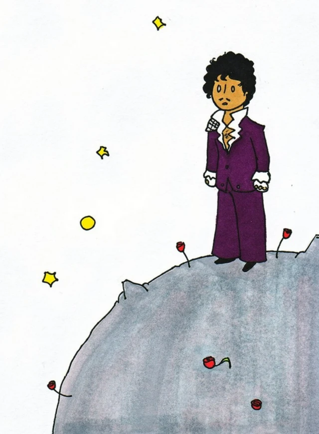 Prince in a purple suit, standing on a tiny planet and looking at the stars