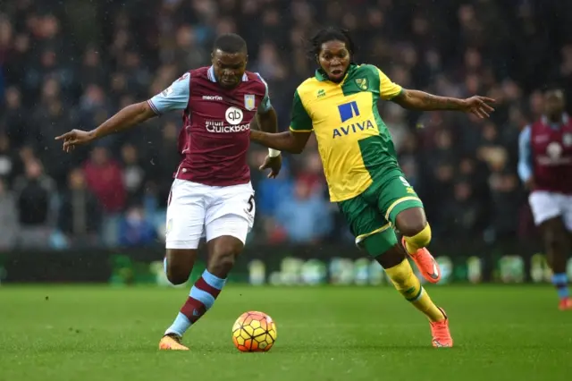 Aston Villa's Jores Okore and Norwich's Dieumerci Mbokani