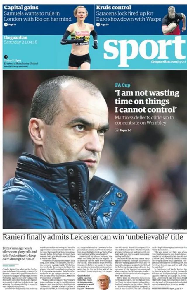 Saturday's Guardian Sport front page