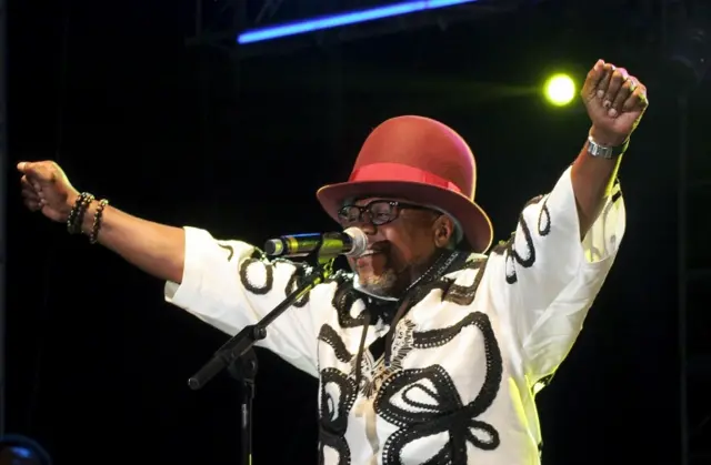 Congolese music star Papa Wemba performs during the Femua music festival in Abidjan on April 24, 2016 before collapsing on stage