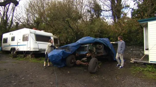 Sally Bowers and her son at the car park in Coverack