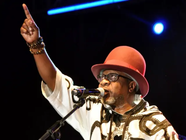 ongolese music star Papa Wemba performs during the Femua music festival in Abidjan on April 24, 2016 before collapsing on stage