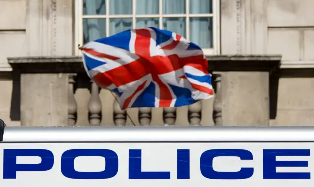 Flag and sign that says "police"