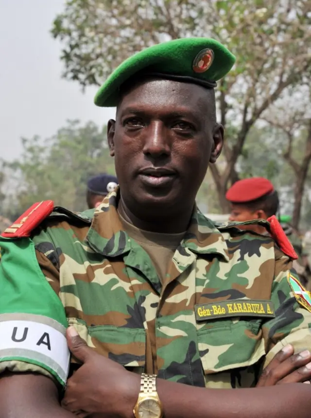 February 5, 2014 shows Burundi"s Brigadier General and African Union-led MISCA mission Commander Athanase Kararuza posing after listening to a speech by Centrafrica"s interim president during a military ceremony in Bangui"s National School for the Judiciary