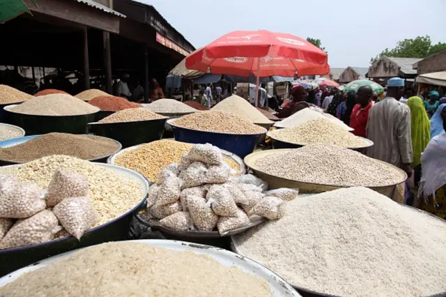 Grains and spices are displayed at a stall in Yola market in Adamawa on May 8, 2015.