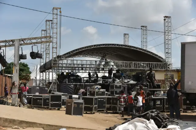 A photo taken on April 24, 2016 shows the stage of the Urban Musical Festival Anoumabo (FEMUA) in Abidjan where Congolese music star Papa Wemba collapsed