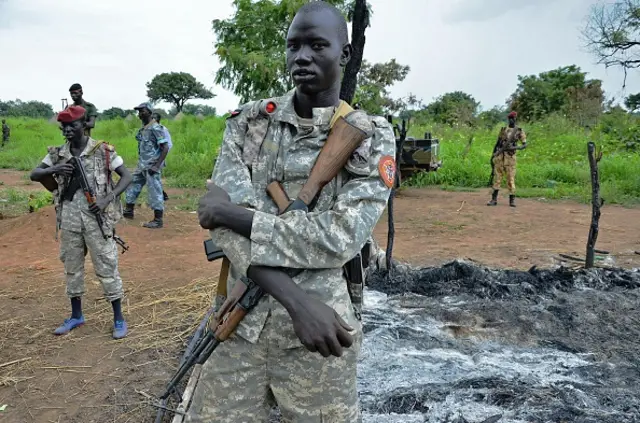 South Sudanese SPLA soldiers are pictured in Pageri in Eastern Equatoria state on August 20, 2015