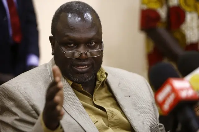 South Sudan's former Vice President and South Sudanese rebel leader Riek Machar looks on during a press conference in Khartoum.