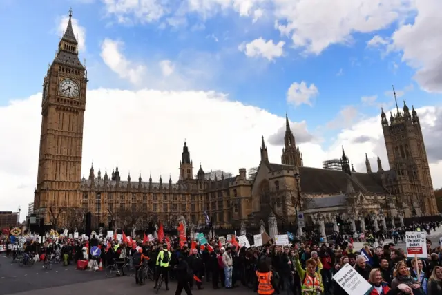 Hundreds took to the streets outside the Houses of Parliament as part of the dispute over pay and better working conditions