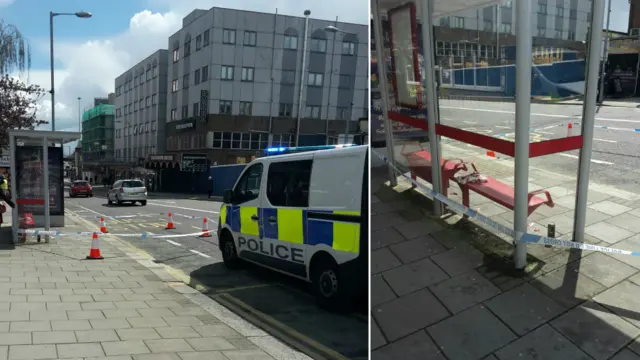 Police tape around bus stop in Park Street, Luton