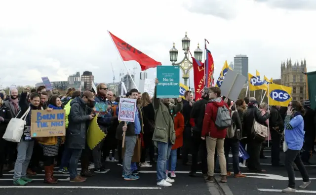 Picketers on Westminster Bridge in London