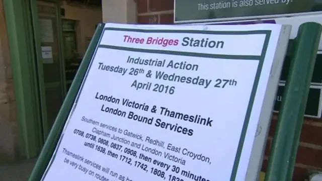 Sign warning of disruption to services at Three Bridges