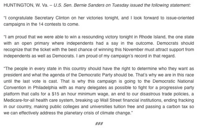 Sanders statement