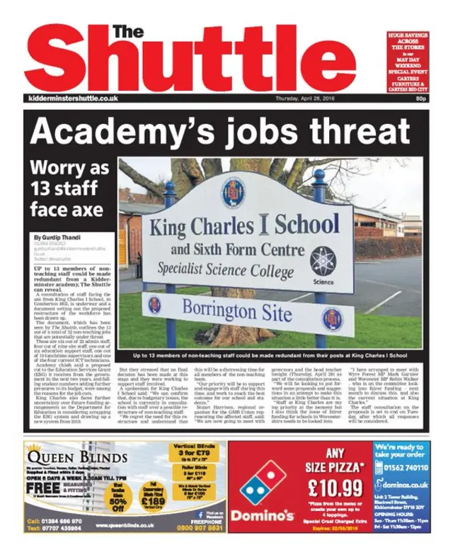 Kidderminster Shuttle front page