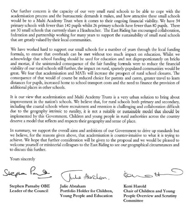 Second page of letter to Education Secretary