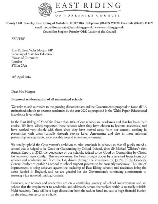 East Riding of Yorkshire council's letter to the Education Secretary