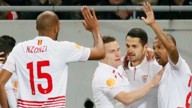 Vitolo celebrates his opener for Sevilla