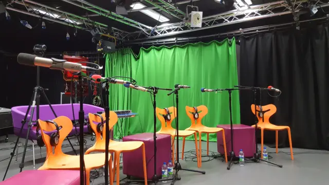 Six chairs in the radio studio