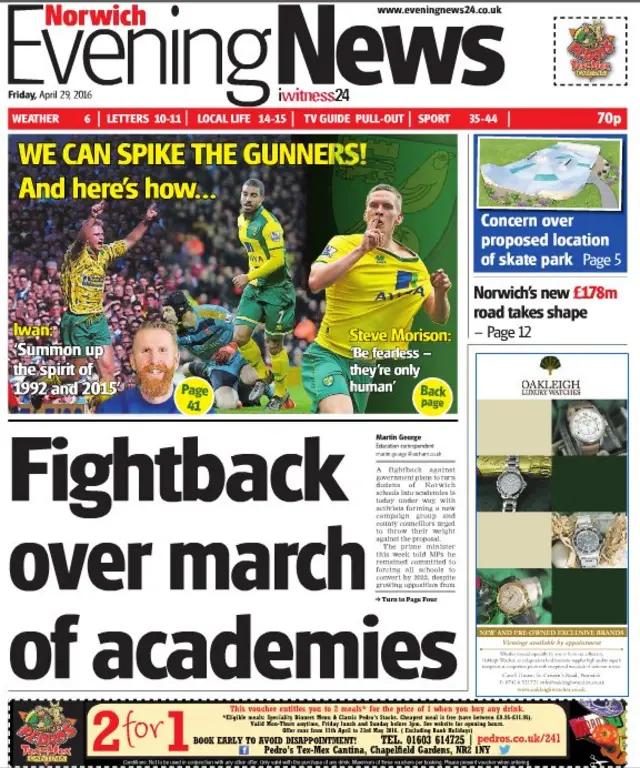 Front page of Norwich Evening News