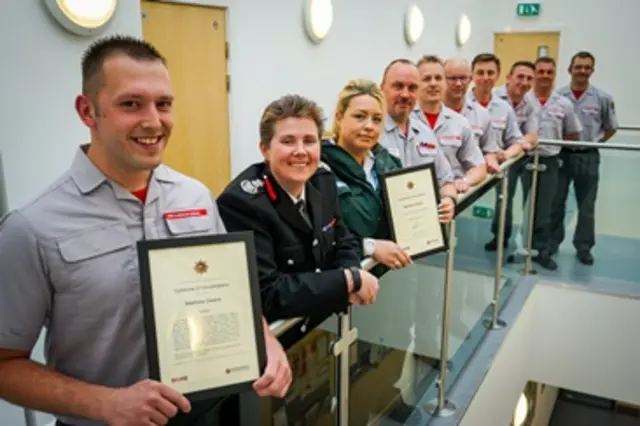 L-R Matt Owen, Chief Fire Officer Becci Bryant, Amy Hill West Midlands Ambulance Service and members of Staffordshire Fire and Rescue Service