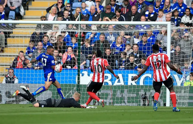 A shot is blocked by Leicester's Danny Simpson