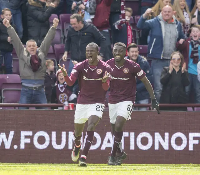 Abiola Dauda celebrates his equaliser at Tynecastle