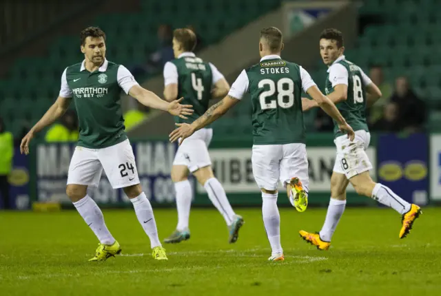 Hibs celebrate Anthony Stokes' equaliser