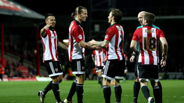 Lasse Vibe of Brentford celebrates