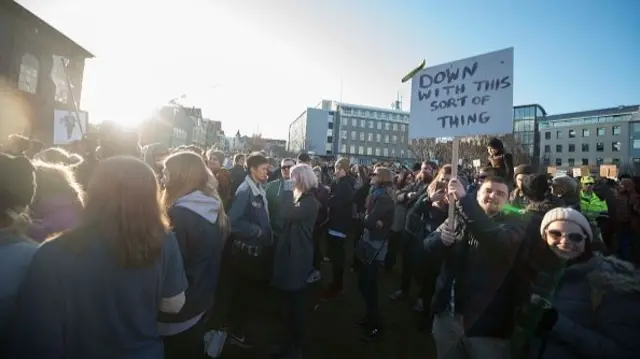 Protestors outside the parliament building in Reykjavik