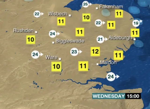 Weather map for the East of England