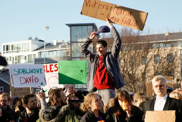 Protesters outside Iceland's parliament on Monday 4 April 2016