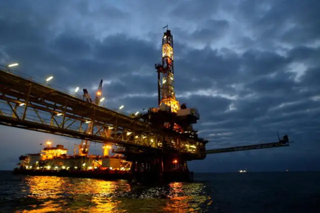 General view of an oil offshore platform owned by Total Fina Elf in the surroundings waters of the Angolan coast 15 October 2003