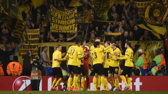 Dortmund celebrate scoring against Tottenham