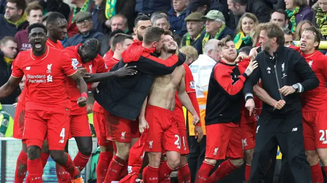 Jurgen Klopp and Liverpool celebrate at Norwich