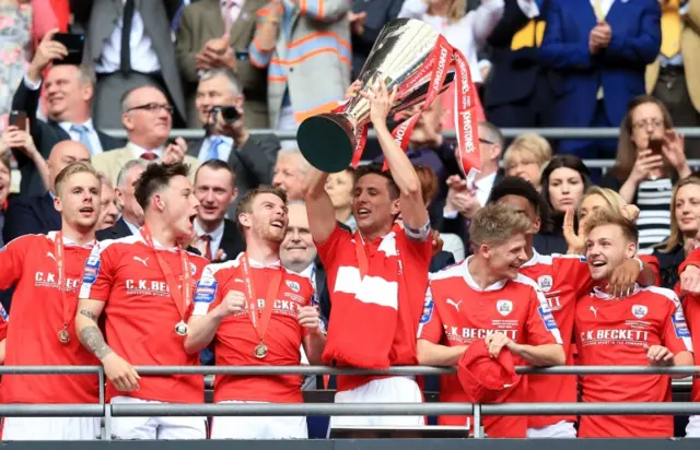 Barnsley football team celebrate Wembley win