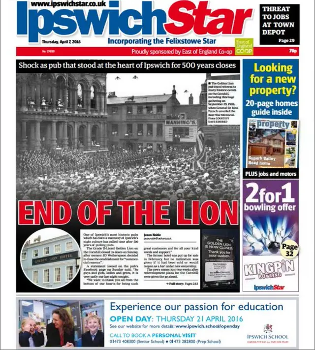 Front page of the Ipswich Star