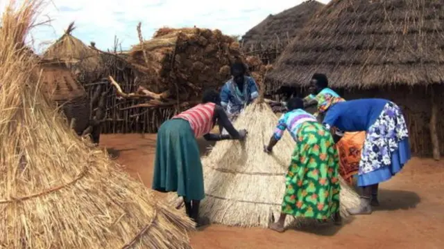 Village women build a roof for a greenery to store sorghum they grow themselves