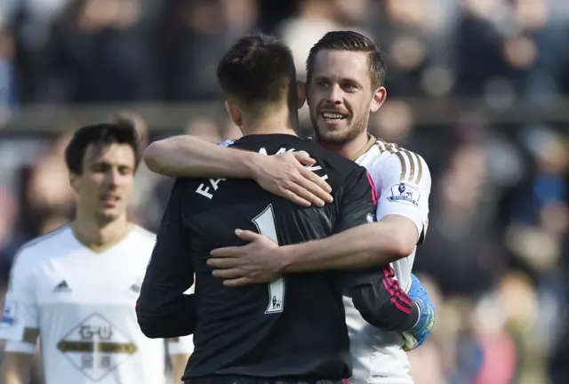 Swansea"s Gylfi Sigurdsson celebrates with Lukasz Fabianski at the end of the game