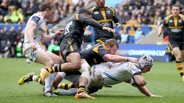 Exeter's Thomas Waldrom scores a try