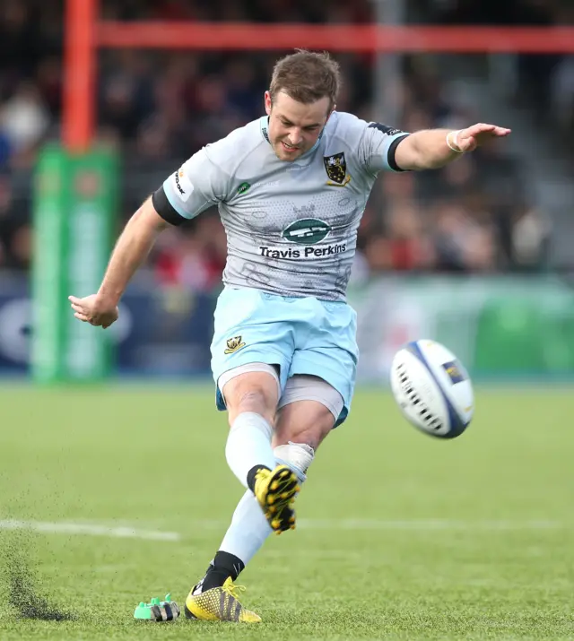 Northampton's Stephen Myler kicks at goal