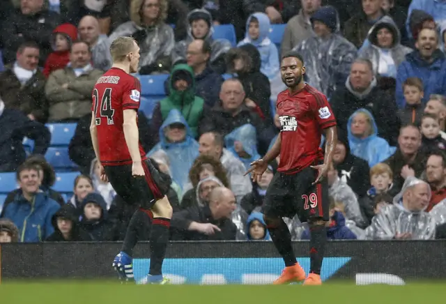 Stephane Sessegnon celebrates scoring the first goal for West Brom with Darren Fletcher