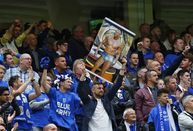 Leicester City fans with a banner featuring Gary Lineker