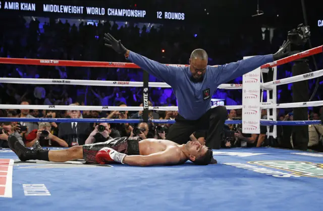 Amir Khan after being knocked out by Saul 'Canelo' Alvarez