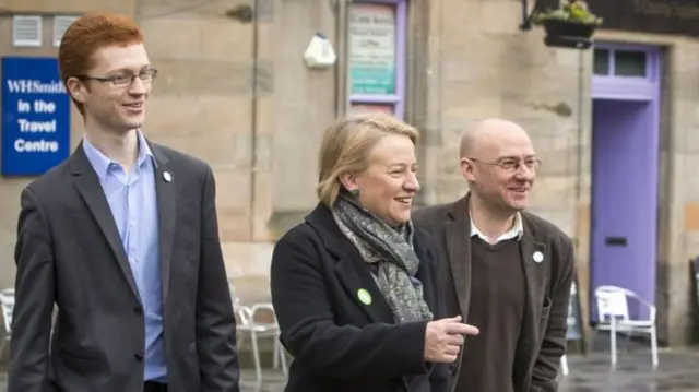 Youngest ever MSP Ross Greer with the Greens' England and Wales leader Natalie Bennett and Scottish co-convener Patrick Harvie