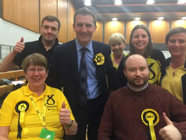 SNP MSP Michael Matheson celebrates wining Falkirk Ea