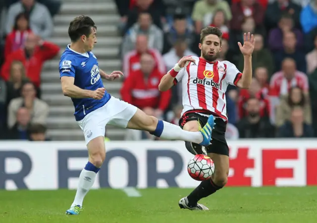 Leighton Baines and Fabio Borini challenge for the ball